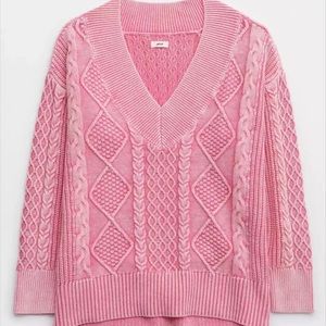 AERIE pink cable knit v neck sweater